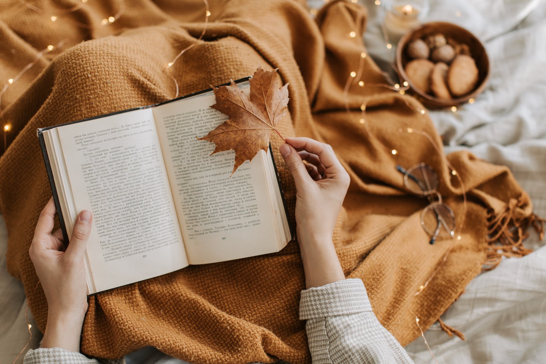 person reading a book while holding a maple leaf