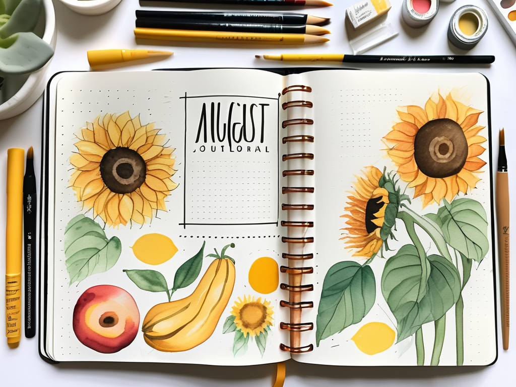 An open bullet journal with creative and artistic entries related to august themes such as sunflowers