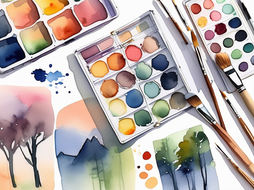 A vibrant watercolor journal open to a page of beautifully painted landscapes